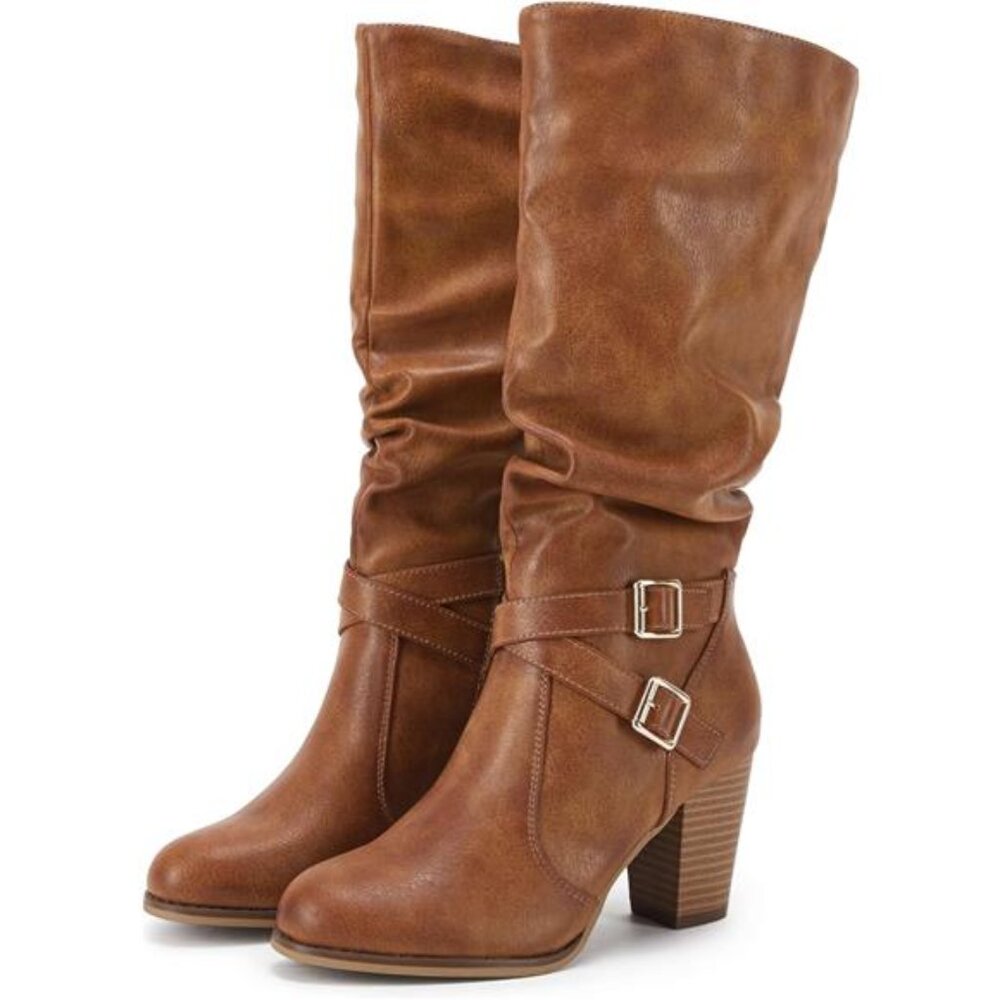 Womens Knee High Boots Chunky Heel Slouchy Buckle Side Zipper Fashion